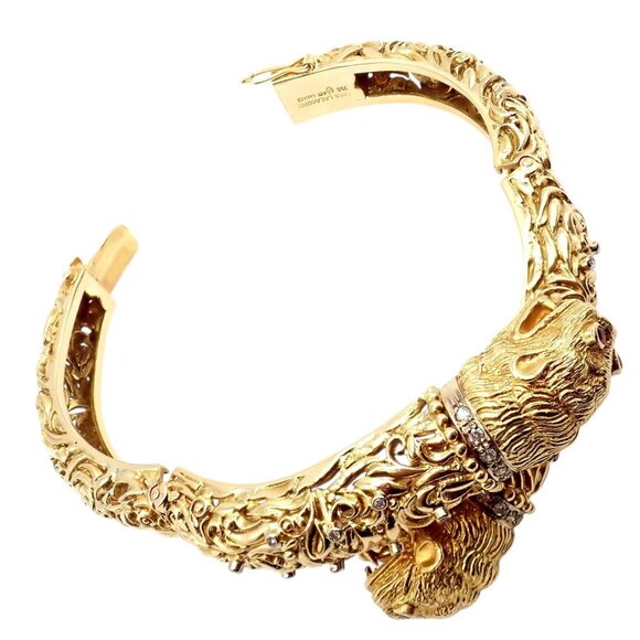 Rare Ilias Lalaounis 18k Yellow Gold Double Chimera Diamond Ruby Bangle Bracelet - Picture 4 of 16